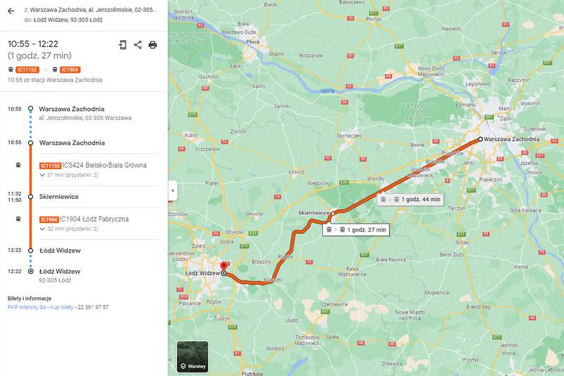 W Google Maps pojawiła się funkcja „Kup bilet” na pociągi PKP Intercity